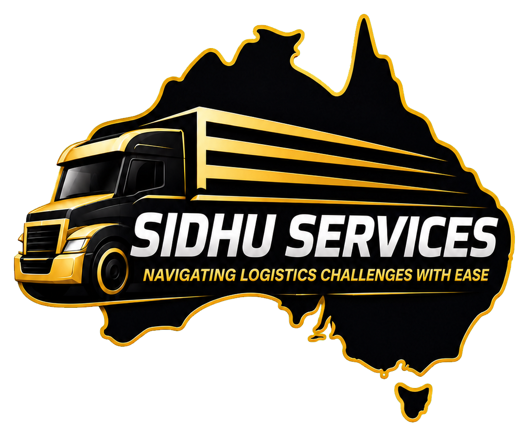 SIDHU SERVICES truck over the map of Australia, with the words Navigating logistics challenges with ease